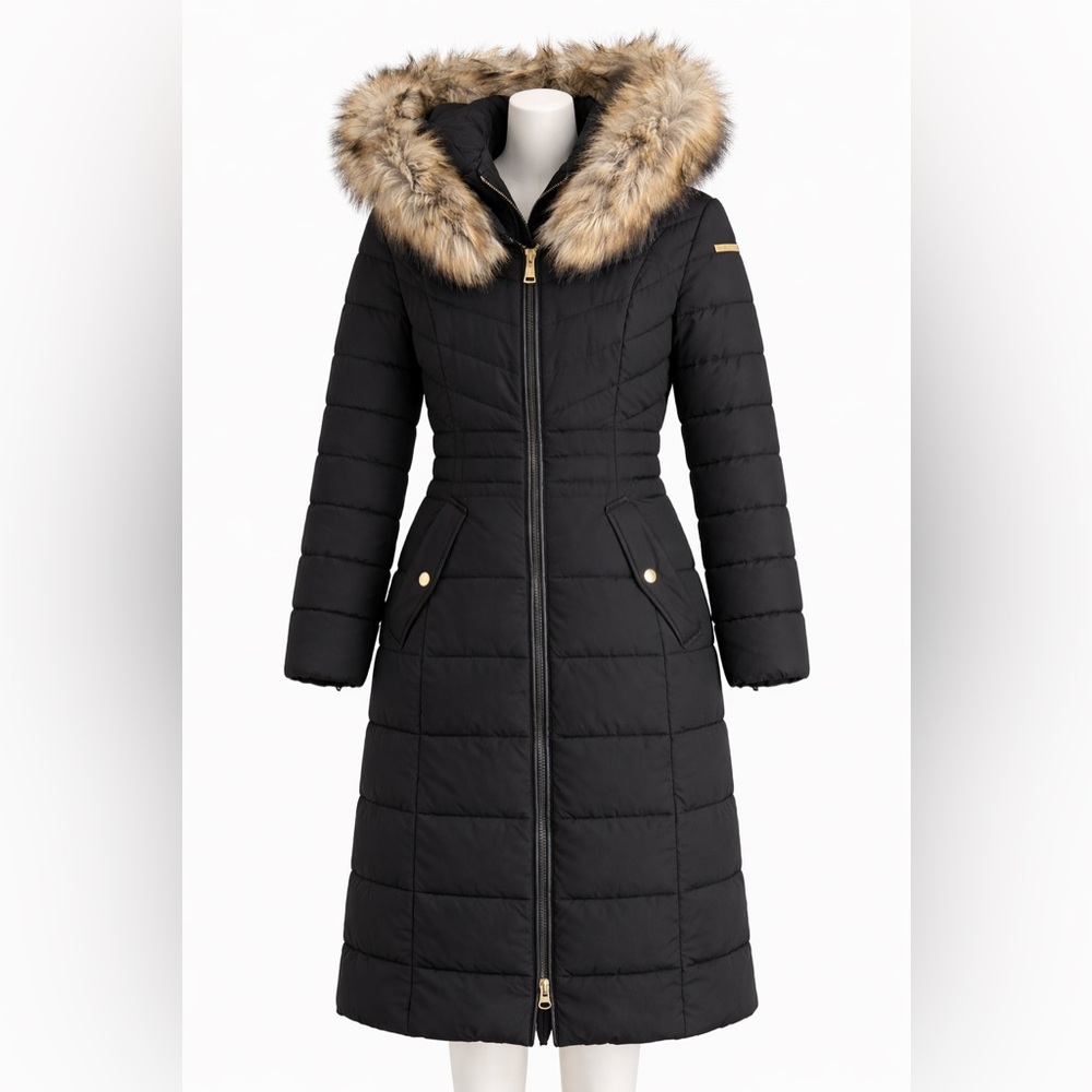 Laundry By Shelli Segal Women's Black Quilted Coat with Faux Fur Trim